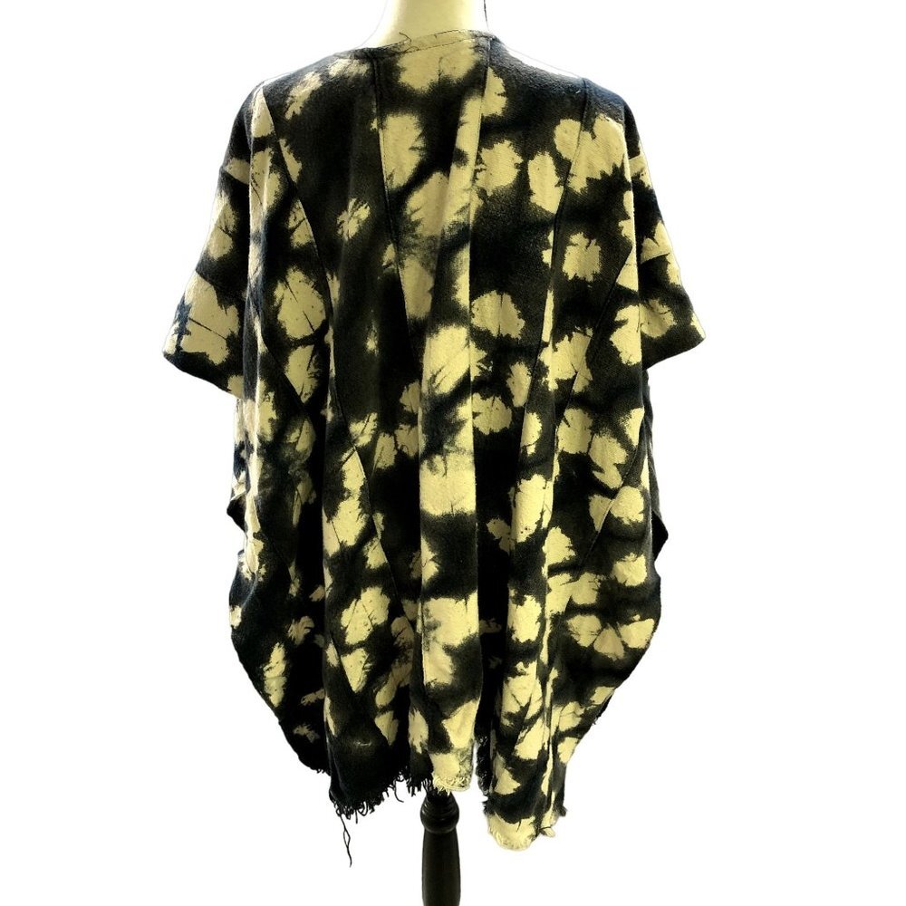 Womens Thick Heavy‎ Slub Tie Dye Poncho Ruana Cardigan Blue Fringe OS Boho